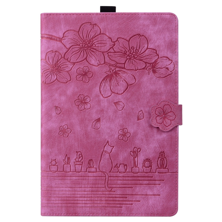 For iPad Pro 11 2025 / 2024 Cartoon Sakura Cat Embossed Smart Leather Tablet Case(Rose Red)