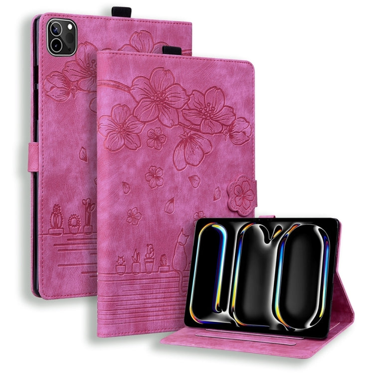 For iPad Pro 11 2025 / 2024 Cartoon Sakura Cat Embossed Smart Leather Tablet Case(Rose Red)