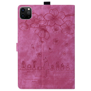 For iPad Pro 11 2025 / 2024 Cartoon Sakura Cat Embossed Smart Leather Tablet Case(Rose Red)