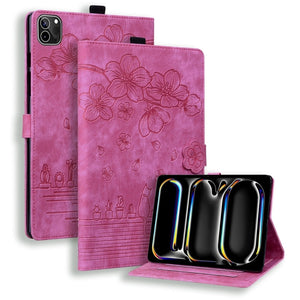 For iPad Pro 11 2025 / 2024 Cartoon Sakura Cat Embossed Smart Leather Tablet Case(Rose Red)